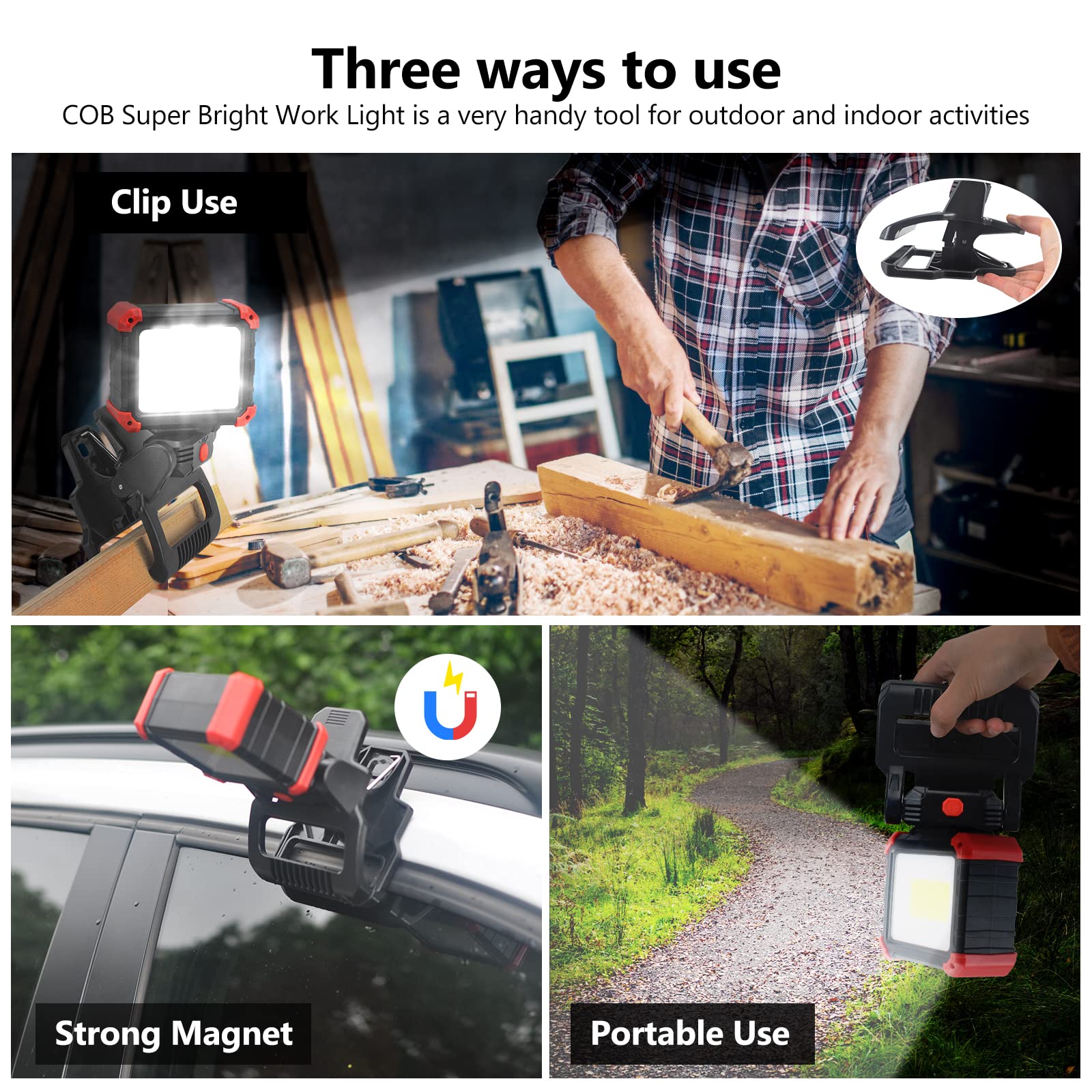 Tresda LED Rechargeable Work Light 2Pack, 2100LM COB Magnetic, 3 Light Modes, 270° & 180° Rotation, Waterproof, Black for Jobsite & Car Repair